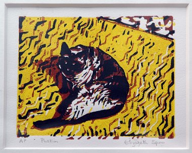 Elizabeth Spiro Katze in Gelb 2003 Farblinolschnitt Kuenstlerabzug signiert 10 x 13 cm Plattengroeße