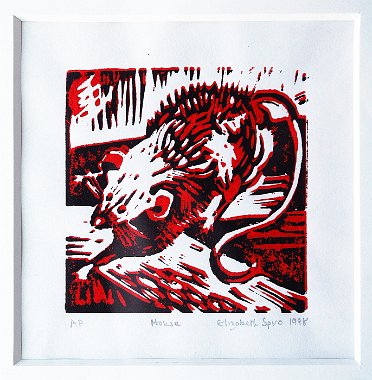 Elizabeth Spiro Rote Maus 1998 Farblinolschnitt Kuenstlerabzug signiert 9,5 x 9,5 cm