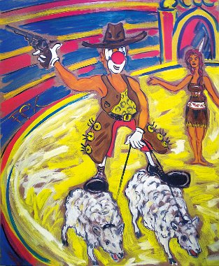 Felix Samuel Pfefferkorn Clown as sheep riding cowboy with his assistent squaw-girl, 120 x 100 cm, Acryl, WVZ X-25