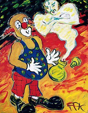 Felix Samuel Pfefferkorn Clown und Flaschengeist, 100 x 80 cm, Acryl, WVZ X-5
