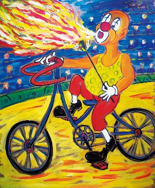Felix Samuel Pfefferkorn Cycling Clown spitting fire, 120 x 100 cm, Acryl, WVZ X-20